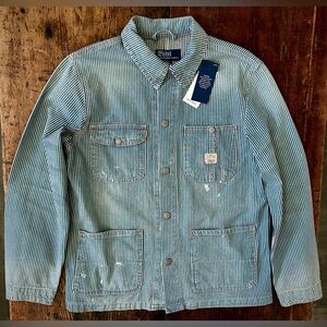 Polo by Ralph Lauren Blue and White Striped paint Splatter Shirt Jacket